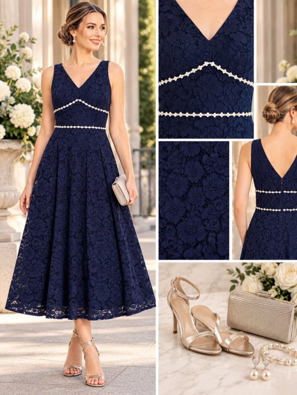 Tahari ASL Navy Lace Pearl Detail Tea Length Dress 16 NWT